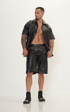 Elevate your wardrobe with the ultimate statement in luxury and style: Men's Genuine Lambskin Leather Shorts. Crafted from the finest lambskin leather, these shorts offer an unmatched softness and a supple texture that gracefully conforms to your body, providing not just comfort but a flattering fit that enhances your silhouette. The natural breathability of lambskin ensures these shorts remain comfortable even on warmer days, blending functionality with finesse. Perfect for a range of occasions Leather Cleaning, Leather Shorts, Lambskin Leather, Leather Fashion, Blending, Range, Texture, Wardrobe, Leather