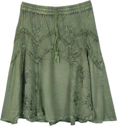 A modern take on the rodeo chic style in an urban color - seaweed green.  This stonewashed rayon skirt is perfect for a hot summer day - to spend your day in the coolness of this hue and to relax with the comfortable soft texture of the fabric. #tlb #Stonewash #Solid #WesternSkirts #kneelengthwesternskirt #Greenskirt #Rodeoskirt #Oldstyleskirt Spring Green Washed Bottoms, Bohemian Washed Bottoms For Summer, Green Hippie Skirt For Spring, Hippie Green Skirt For Spring, Green Lined Skirt Bottoms For Festival, Green Lined Skirt For Festival, Summer Bohemian Washed Bottoms, Green Hippie Skirt For Summer, Mushroom Room