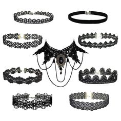 PRICES MAY VARY. Black Lace Choker : 9pcs for one set, different style. Gothic Necklace: 8 set style: 31cm/12.2" with 7cm/2.9"adjustable extender chain&lobster clasp, big lace style 12.6"with 2"adjustable extremder chain&lobster clasp, easy to wear and take off. Lace Choker Necklace Material: Made of lace with alloy chain. Application : Perfect gift for your families and friends, suitable for most occasions,like wedding, parties, graduation, birthday, new year or just casual wear. Multiple style Choker Tattoo, Gothic Choker, Black Lace Choker, Lace Choker Necklace, Dainty Gold Jewelry, Gothic Chokers, Gothic Tattoo, Lace Choker, Black Choker Necklace