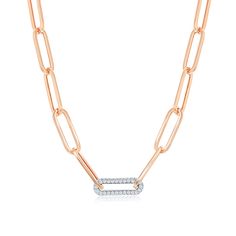 Paperclip Chain Necklace with Single Diamond Pavé Link 14k Gold - Necklaces Jewelry Collections Rose Gold Link Chain Necklace With Paperclip Chain, Rose Gold Necklaces With Rectangular Links, Rose Gold Paperclip Chain Necklace, Rose Gold Chain Necklace With Rectangular Links, Modern Rose Gold Link Chain Necklace, Rose Gold Box Chain Necklace, Paperclip Chain Necklace, Diamond Tennis Necklace, Gold Jewelry Necklace