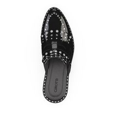 Leather Slip-on Party Flats, Leather Slip-on Flats For Party, Party Leather Slip-on Flats, Designer Patent Leather Loafers For Party, Party Patent Leather Slip-on Flats, Black Leather Flats With Studded Outsoles, Slip-on Leather Loafers For Party, Slip-on Patent Leather Party Loafers, Slip-on Patent Leather Loafers For Party