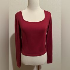 It’s A Great Basic Long-Sleeve Red Shirt That You’ll Reach For Again And Again. Dark Red Long Sleeve Shirt, Casual Fitted Red Long Sleeve Top, Trendy Burgundy Cotton Tops, Red Stretch Crew Neck Blouse, Trendy Stretch Burgundy Tops, Trendy Burgundy Stretch Top, Red Stretch Long Sleeve Shirt, Fitted Red Cotton Tops, Casual Red Long Sleeve Top For Spring