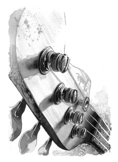 a drawing of an electric guitar with its heads turned upside down and strings still attached