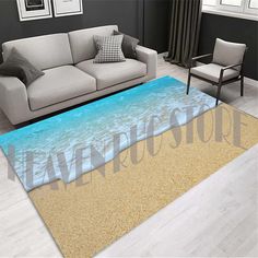 a living room with a couch, chair and rug on the floor that has an ocean scene painted on it