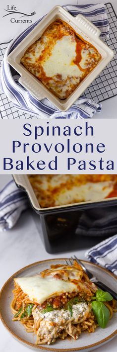 spinach and provolione baked pasta on a plate with the title above it