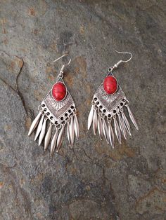 Fringe Earrings, Southwestern / Bohemian style Earrings. Southwestern Style Metal Earrings For Gift, Southwestern Metal Earrings For Gift, Red Southwestern Dangle Earrings, Southwestern Red Dangle Earrings, Southwestern Style Red Dangle Earrings, Southwestern Red Drop Earrings, Nickel-free Red Southwestern Earrings, Nickel-free Southwestern Red Earrings, Southwestern Style Red Nickel-free Earrings