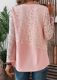 Round Neck Blouse, Pink Round, Lace Long Sleeve, Pink Lace, Long Sleeve Lace, Fashion Games, Light Pink, Sleeve Blouse, Round Neck