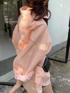 Orange Stripes Oversized Shirt | Karina - Aespa Orange M Oversized Collared Tops For Spring, Casual Orange Spring Shirt, Casual Orange Shirt For Spring, Oversized Striped Spring Blouse, Oversized Striped Blouse For Spring, Spring Orange Shirt For Day Out, Oversized Orange Top For Day Out, Chic Orange Shirt For Spring, Oversized Shirt For Spring Day Out