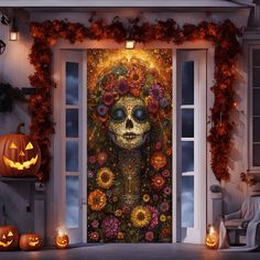 an image of a door decorated with flowers and skulls