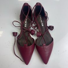 Never Worn Brand New Burgundy C12-16 "Johnson" Ghillie Calf Leather Pointed Flats In Deep Burgandy Leather. Gillie Style Laces That Cross At Thexinstep And Wrap Around The Ankle. Embellished With Leather Tulip Charms At The End. Flats Have A Slender Brushed-Metal Rand At The Heel. All Leather - Upper, Lining, Sole. Chic Coach Flats, Burgundy Leather Heels For Spring, Womens Driving Loafers, Pink Leather Ballet Flats, 2024 Lookbook, Coach Loafers, Pointy Flats, Leather Loafers Women, Velvet Flats