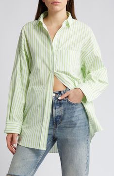 A generously roomy fit unlocks lots of outfitting options for a crisp cotton button-up striped in happy hues. Front button closure Point collar Long sleeves with button cuffs 100% cotton Machine wash, line dry Imported White Chemise, Pistachio, Cotton Shirt, Button Up Shirts, Topshop, Button Up, Nordstrom, Long Sleeves, Collar