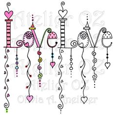 the word love is made up of hanging beads and heart shaped balloons with hearts on them