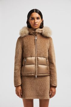 Beige Marne Teddy Short Down Jacket - Short Down Jackets for Women | Moncler US Designer Hooded Outerwear For Cold Weather, Luxury Hooded Jacket With Double-lined Hood, Luxury Outerwear With Detachable Hood And Long Sleeves, Luxury Long Sleeve Outerwear With Detachable Hood, Luxury Winter Puffer Jacket With Detachable Hood, Luxury Beige Winter Outerwear, Luxury Beige Outerwear For Winter, Luxury Outerwear With Drawstring Hood, Luxury Outerwear With Drawstring Hood And Long Sleeves