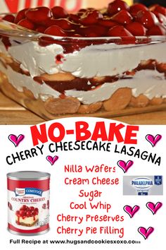 no bake cherry cheesecake lasagna recipe in a glass dish with text overlay