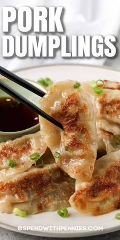 pork dumplings on a white plate with chopsticks