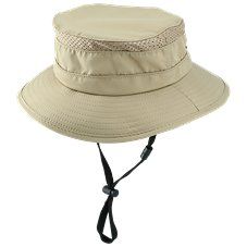 the hat is beige and has a black cord