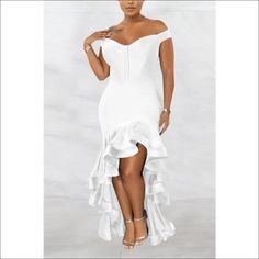 This Off The Shoulder Ruffle Train Hi-Lo Maxi Dress is an ideal choice for a special occasion. It is crafted from a luxurious fabric with an alluring silhouette, featuring an off-the-shoulder neckline, exaggerated train ruffle detailing, and a hi-lo hem for a graceful look. Perfect for standing out in the crowd in a sophisticated, feminine style. Decoration Zip Up , Ruffles Length Floor-Length Style Sexy & Club Fabric Type Blended fabrics Material Polyester , Spandex Neckline Off the Shoulder Pattern Type Solid Silhouette Asymmetrical Sleeve Length Short Season Summer Fabric Slight Stretch Summer Fabrics, Luxury Fabrics, Fabric Material, Feminine Style, Floor Length, Ruffles, Off The Shoulder, Zip Ups, Special Occasion