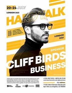 a poster for the london bird festival featuring a man with glasses and beard in front of an orange background