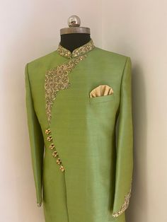 Raw silk sherwani with golden zardozi handwork. Colour options available. Includes-sherwani with pajama (bottoms) Pista Green Sherwani Groom, Festive Raw Silk Sherwani With Gota Work, Bollywood Style Sherwani With Gota Work, Formal Kurta With Gota Work In Traditional Drape, Bollywood Style Sherwani With Gota Work For Diwali, Bollywood Style Sherwani For Diwali With Gota Work, Gold Sherwani With Dabka Work Straight Kurta, Raw Silk Sherwani With Dabka Work, Festive Unstitched Sherwani With Gota Work