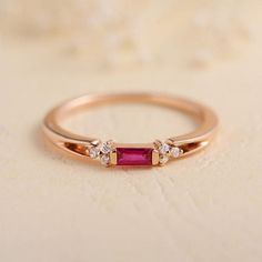 Rose Gold Engagement Ring Baguette Ruby Diamond Cluster July Birthstone Stacking Wedding Band Women Antique Engraving Promise Split Shank - BBBGEM Baguette Engagement Ring, Antique Engagement Ring, Gold Ring Designs, Ruby Engagement Ring, Ruby Jewelry, Rose Gold Engagement, July Birthstone, Ruby Diamond, Delicate Rings