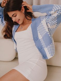 a woman sitting on a couch wearing a blue and white sweater Library Chic, Shoulder Cardigan, Drop Shoulder Cardigan, Pastel Plaid, Velvet Mini Skirt, Color Block Cardigan, Embroidered Sweater, Crop Top Sweater, Lace Crop Tops