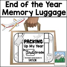 the end of the year memory luggage is shown with an airplane and mountains in the background