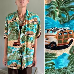 Excellent condition tropical print blouse w car Shown on 5'4" 120 pound model 25" pit to pit 33" total length Vacation Tropical Print Camp Shirt With Camp Collar, Hawaiian Style Vintage Print Tops For Vacation, Hawaiian Tops With Vintage Print For Vacation, Green Hawaiian Shirt For Vacation, Vacation Tops With Vintage Print And Camp Collar, Vintage Print Camp Collar Top For Vacation, Vintage Print Hawaiian Shirt For Summer Vacation, Retro Green Hawaiian Shirt For Vacation, Vintage Printed Hawaiian Shirt For Vacation