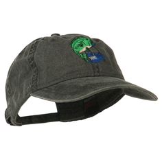 a gray hat with a green dinosaur embroidered on it