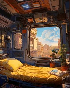 a bed sitting inside of a bedroom on top of a train next to a window