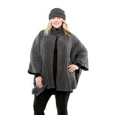 "Stay warm in style with this ruffle trim poncho, hat, and gloves set. Stay warm in style with this ruffle trim poncho, hat, and gloves set. Includes: capelet, matching hat, matching gloves Single-button closure Single-layer Midweight fleece Tacked sleeves 2 pockets Ruffle trim on cape, hat, and glovesFIT & SIZING 60"" W x 31"" L One size fits mostFABRIC & CARE Polyester Machine wash Imported Color: Grey. Gender: female. Age Group: adult." Hat Set, Kimonos, Ruffle Trim, Nun Dress, Stay Warm, Gender Female, In Style, Cape, Age Group