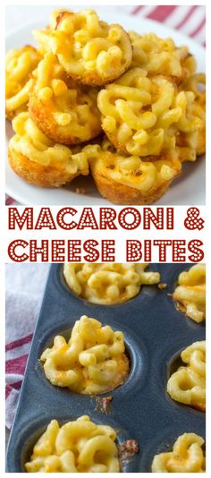 macaroni and cheese bites in a muffin tin with the title above it