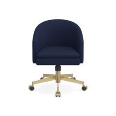 an office chair with wheels and a blue upholstered seat, viewed from the front