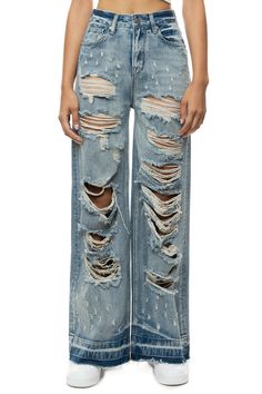 - Twiggy Fit - High Rise Wide Leg- Fitted From Waist To Hip With A Wide Bottom Opening- 100% Cotton- Aspen Blue- Heavy Rip Off Fashion Denim Pant- Height : 5’ 10” / Waist : 25” Rip Pants, Denim Pants Fashion, Ripped Pants, Denim Branding, Jeans Color, Denim Pant, Drop Shipping, Cotton Style, Colored Jeans