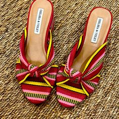 Violet Red Pink Yellow Striped Sandals. Never Worn. No Marks. No Wear. Adorable Sandals!! Red Closed Toe Heels For Summer, Red Open Heel Sandals For Summer, Multicolor Slip-on Heels For Spring, Multicolor Open Heel Summer Heels, Casual Multicolor Slip-on Heels, Colorful High Heel Sandals For Summer, Vibrant Summer Heels With Round Toe, Yellow Wrapped Heel Sandals For Summer, Multicolor Summer Beach Heels