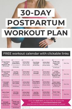 the 30 - day postpartum workout plan is shown in pink and white with an image