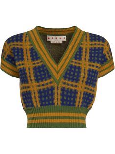 navy blue/mustard yellow/green virgin wool-mohair blend check pattern contrasting border V-neck short sleeves ribbed hem cropped Fw25 Trends, Mustard Clothes, Plus Size Knitwear, Vintage Knitwear, Sleeveless Jumper, Knitwear Design, Dream Clothes, Check Pattern, Mustard Yellow