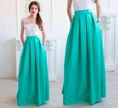 "Long Skirt with Pleats    ● Elegance skirt for special occasion ● Can be made in different colors ● High waist design ● Has side seam pockets ● Invisible zipper back ● Beautiful pleats, stitched in sash ● Without lining ● Standard length 120 cm (47,2 inches) fits as full length skirt ● We can make skirt with custom length or waist if you need   Please, find your size in STANDARD SIZE GUIDE below!   XS (EUR 34) Waist 23,6 inches / 60 cm   S (EUR 36) Waist 25,2 inches / 64 cm M (EUR 38) Waist 26,8 inches / 68 cm   L (EUR 40) Waist 28,3 inches / 72 cm   L/XL (EUR 42) Waist 29,9 inches / 76 cm XL (EUR 44) Waist 31,5 inches / 80 cm ХXL (EUR 46) Waist 33 inches / 84 cm ХXL* (EUR 48) Waist 34,6 inches / 88 cm   ◀ If you don't know what size you are feel free to contact us and tell your measureme Colorful Maxi Skirt, Mint Skirt, Skirt With Pleats, Color Turquesa, Womens Skirts, Formal Skirt, Full Length Skirts, Skirt Maxi, Langer Rock