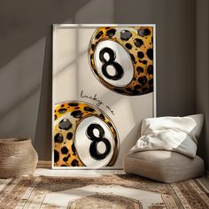 an art piece with the number eight on it in front of a chair and rug