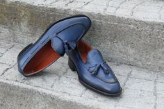 Crafted Leather Classic Blue Leather Tassel Loafers Dress Shoes on Storenvy Loafers Dress, Quality Leather Boots, Custom Design Shoes, Shoe Crafts, Handmade Leather Shoes, Tassel Loafers, Leather Tassel, Classic Blue, Blue Leather