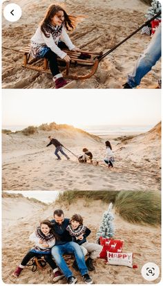 two pictures of people sitting on a bench in the sand