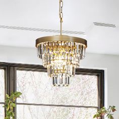 a chandelier hanging from the ceiling in front of a window with potted plants