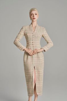 Kairi Pegged Front Slit Tweed Midi Dress - MEAN BLVD Tweed Midi Dress, Women Dress Collection, Mean Blvd, Classy Work Outfits, Tweed Fabric, Work Outfits Women, Pink Beige, Beige Brown, Cami Dress