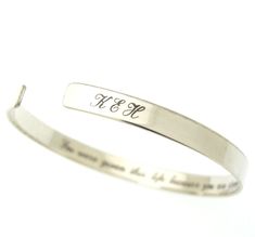 Personalized sterling silver cuff bracelet for women. Personalized Gift. Custom skinny cuff bracelet for her. Initials cuff bracelet for women. Personalized present for her, birthday gift, mommy bracelet, delicate cuff bracelet for loved one. The delicate bracelet is ready to be both sides personalized. Engrave it with initials and names in a lovely font outside and with a hidden message inside. These can be words of love, gratitude, or a quote to give some inspiration. Are you looking for a spe Gift White Gold Cuff Bracelet, White Gold Cuff Bracelet Gift, Sterling Silver Engraved Bangle For Anniversary, Elegant Hand Stamped White Gold Jewelry, Elegant White Gold Hand Stamped Jewelry, Elegant White Gold Hand-stamped Jewelry, Elegant Hand Stamped Sterling Silver Name Bracelet, Elegant Sterling Silver Bracelet With Engraving Option For Gift, Elegant Sterling Silver Bracelet With Engraving Option