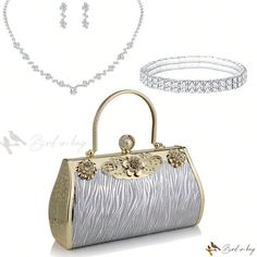 Bird in Bag - Velvet Evening Clutch Purse with Chain and Jewelry Set Gold Chain Strap Jewelry For Wedding, Elegant Silver Bag With Silver Chain, Elegant Silver Jewelry With Chain Strap, Silver Wedding Bag With Chain Detail, Silver Chain Bag For Wedding, Silver Wedding Bags With Chain Detail, Embellished Clutch, Velvet Clutch, Minimalist Bag