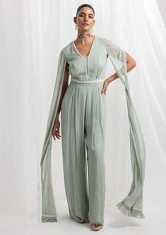 Seema Thukral-Sage Green Embellished Jumpsuit-INDIASPOPUP.COM Festive Formal Jumpsuits And Rompers, Chic Evening Jumpsuits And Rompers For Festive Occasions, Festive Maxi Length Jumpsuit For Party, Festive Maxi Length Jumpsuits And Rompers For Party, Elegant Embellished Long Sleeve Jumpsuits And Rompers, Elegant Sets With Draped Long Sleeves, Elegant Long Sleeve Sets With Draped Sleeves, Elegant Long Sleeve Embellished Jumpsuits, Elegant Embellished Jumpsuits And Rompers For Festive Season