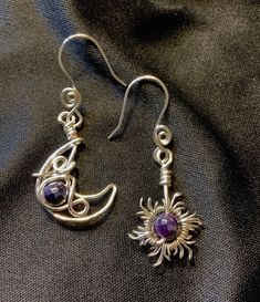 "Crescent moon and sun earrings , each have a gemstone bead.  You can choose shiny Copper , Silver or Oxidized Copper .    Silver has purple agate beads,  oxidized copper has moonstone beads and shiny copper has a Citrine bead in sun and a White gemstone in the crescent moon.  Drop length about 2\".   Any other beads can be used too for a custom order." Celestial Style Pierced Sterling Silver Jewelry, Spiritual Crescent Nickel-free Earrings, Celestial Sterling Silver Jewelry With Matching Earrings, Sterling Silver Celestial Jewelry With Matching Earrings, Bohemian Sterling Silver Jewelry With Sun And Moon Design, Handmade Crescent Metal Jewelry, Nickel Free Crescent Moonstone Jewelry, Bohemian Jewelry With Moon Charm And Round Beads, Handmade Crescent Celestial Earrings