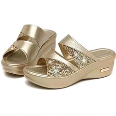 Us Women Size : 8 (39) Origin Imported Sole Material Synthetic Rubber Outer Material Sequins And Leather Closure Type Slip On Country Of Origin China About This Item These Wedge Sandals Feature Ornate Sequins-Detailed Straps And Are Finished With An Eva Cushioned Footbed For Superior Comfort. Women Platform Sandals Feature A Wedge Heel, The 2-Inch Platform Height Is Very Comfortable. Heels Slipper Sandals Was A Nice Surprise To Find Some Height, But Also Comfort. These Are Easy To Wear And With High Heel Glitter Sandals For Summer, Summer Glitter Wedge Sandals In Synthetic Material, Summer Glitter Wedge Sandals, Summer Glitter Synthetic Wedge Sandals, Summer Synthetic Glitter Wedge Sandals, Open Toe Glitter Wedge Sandals For Spring, Glamorous Synthetic Wedge Sandals With Round Toe, Glitter Open Toe Wedge Sandals For Spring, Spring Glitter Open Toe Wedge Sandals