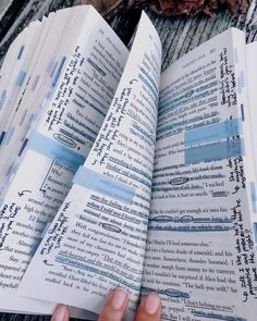 someone is holding an open book with blue strips on it and the pages are folded in half