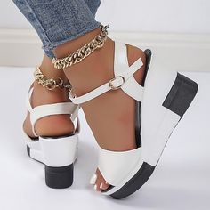 Category:Sandals; Upper Materials:Faux Leather,PU; Embellishment:Buckle; Season:Fall,Summer; Heel Type:Wedge Heel; Gender:Women's; Size Suggestion:select one size larger than usual; Activity:Walking Shoes,Running Shoes; Platform Height:1.18; Toe Shape:Peep Toe,Open Toe; Style:Fashion,Casual; Heel Height(inch):4-5; Outsole Materials:Rubber; Occasion:Outdoor,Daily; Closure Type:Buckle; Pattern:Color Block,Solid Color; Listing Date:07/10/2023; Production mode:Self-produce; 2023 Trends:Sports Sandal Trendy White Ankle Strap Wedge Sandals, Beach Wedge Sandals With Chunky Platform And Round Toe, White Trendy Ankle Strap Wedge Sandals, Chunky Platform Open Toe Wedge Sandals For The Beach, Synthetic Ankle Strap Wedge Sandals With Chunky Platform, Beach Wedge Sandals With Chunky Platform And Closed Toe, White Toe Post Wedge Sandals For Summer, Chunky Platform Wedge Sandals With Ankle Strap, Beach Ankle Strap Wedge Sandals With Chunky Platform