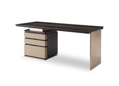 an office desk with three drawers on each side and one drawer open to show the contents